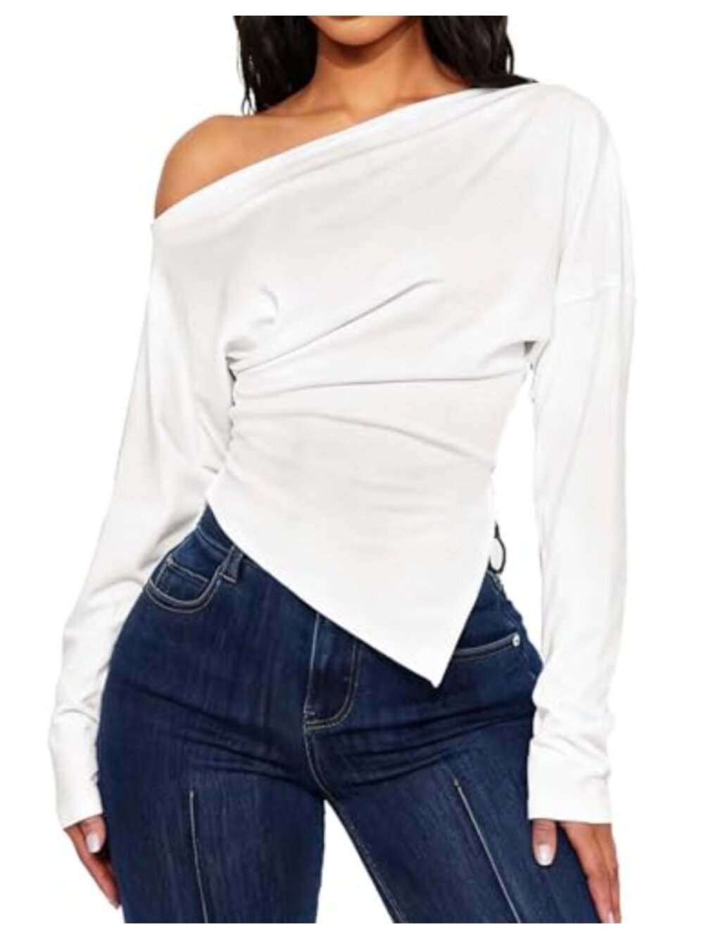 Off Shoulder Asymmetrical Ruched Long Sleeve Crop Top Going Out Fall